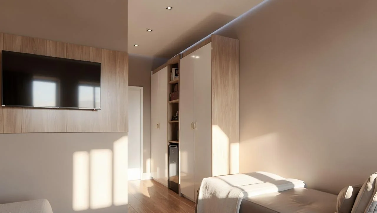 Detalhe do closet e TV de quarto da Jardins de Paris