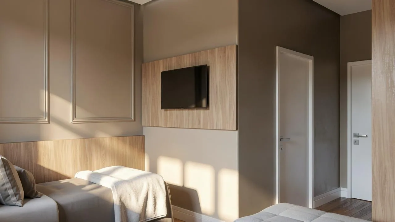 Detalhe de quarto da Jardins de Paris com TV e cama
